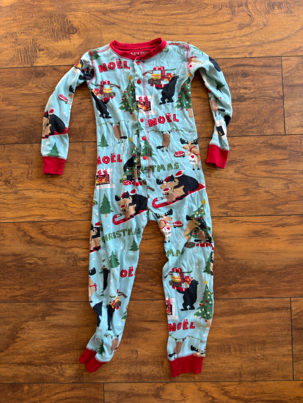 Little Blue House Kids Christmas Footed Pajamas with Holiday Animal Print - Red